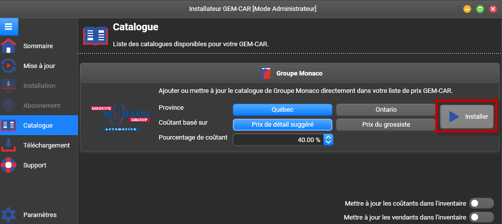 Options des catalogues